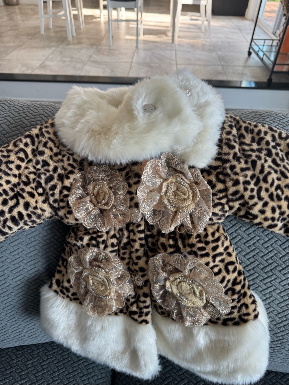 Girls Faux Fur Trim Leopard Print Coat with Floral Appliqués